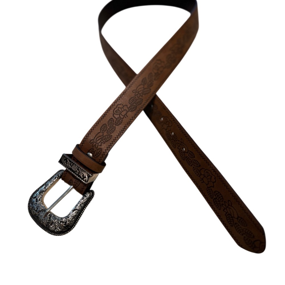 Tan Faux Leather Western Belt Silver Buckle - Picture 10 of 10